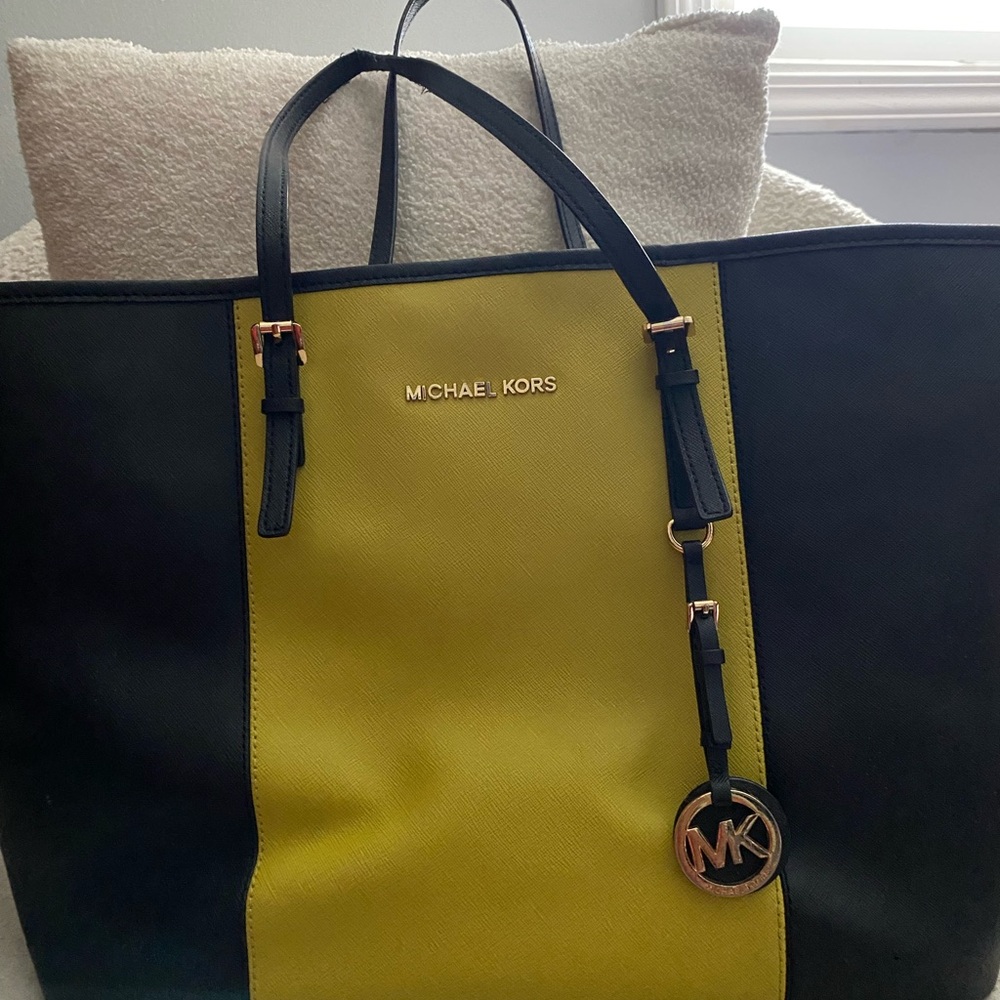 Michael Kors Black and Yellow Structured Tote with Saffiano Leather